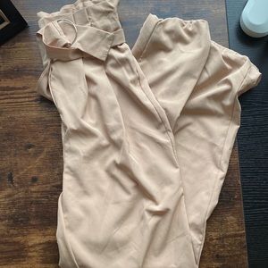 camel colored paperbag waist tapered leg dress pants
